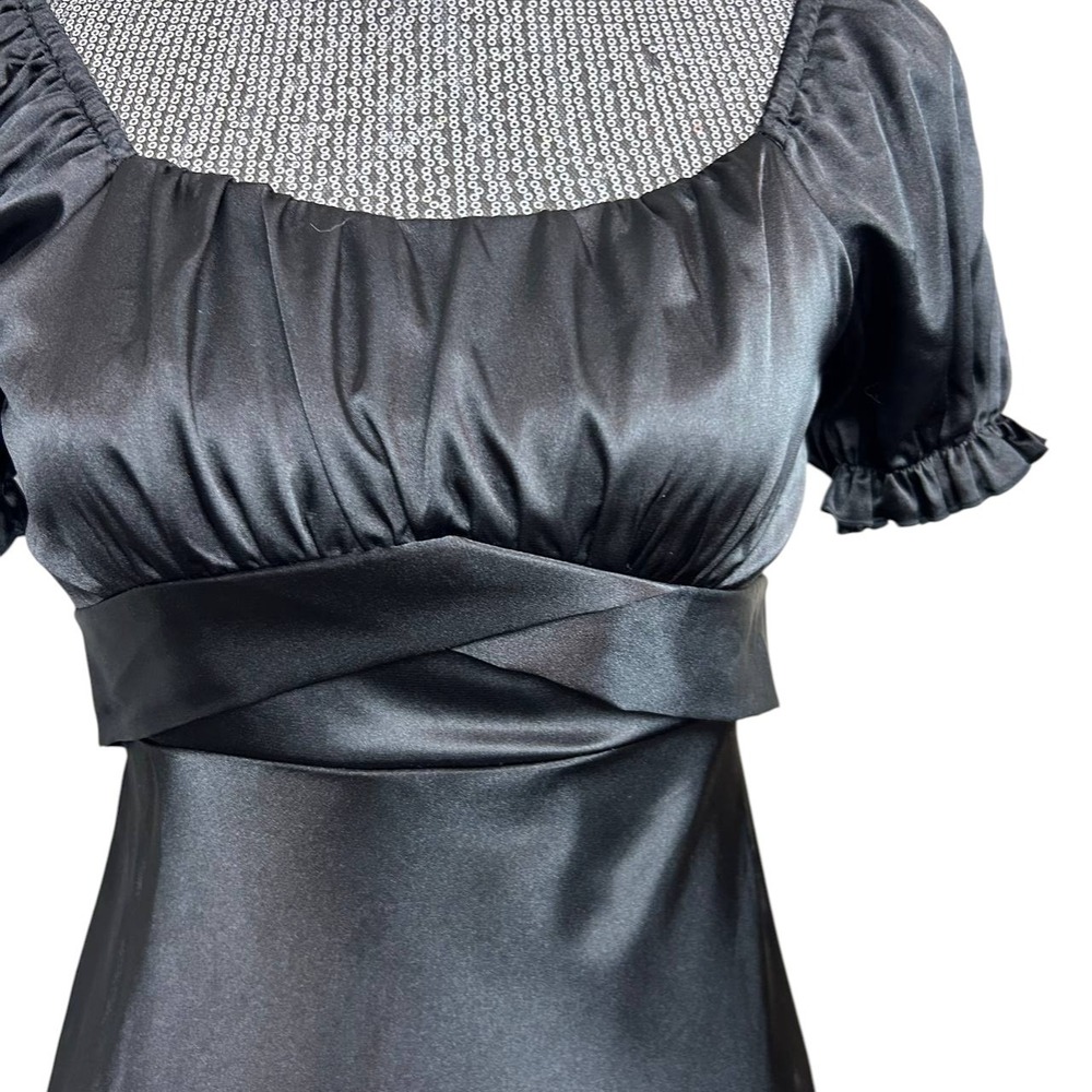 Y2K Whimsigoth Black Satin Midi Dress Puff Sleeve Ruched Short Sleeve Size 10 - Picture 3 of 8